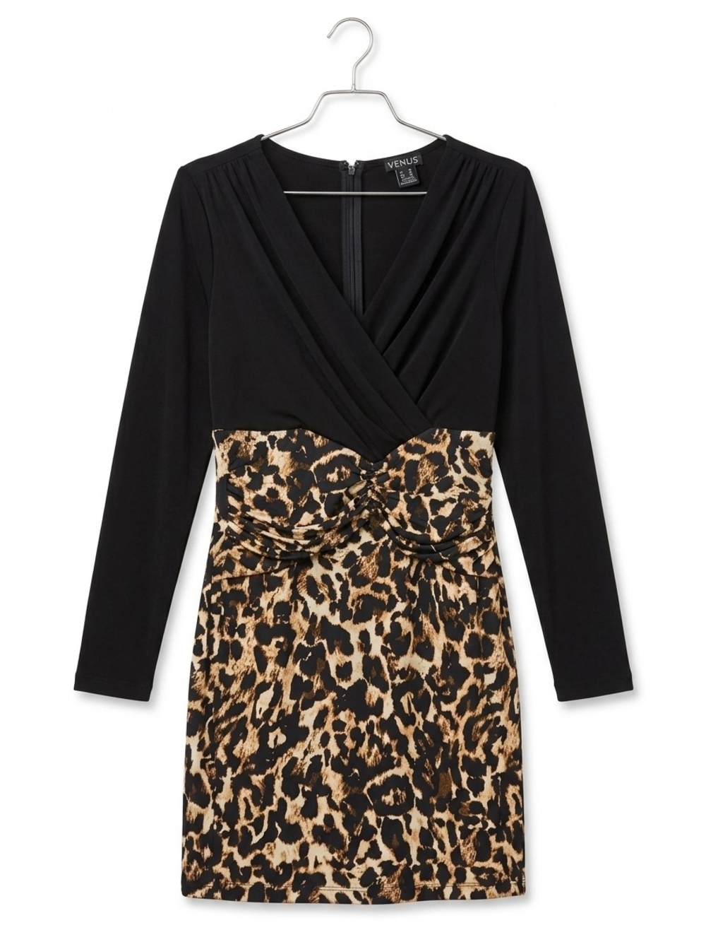 VENUS Black & Leopard Print Long Sleeve Wrap Dress